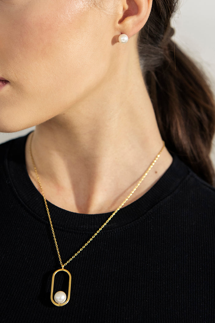 MODDAM - Schmuckset mit Kette und Ohrstecker, Edelstahl, Kunstperle