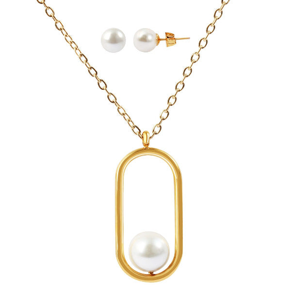 MODDAM - Schmuckset mit Kette und Ohrstecker, Edelstahl, Kunstperle